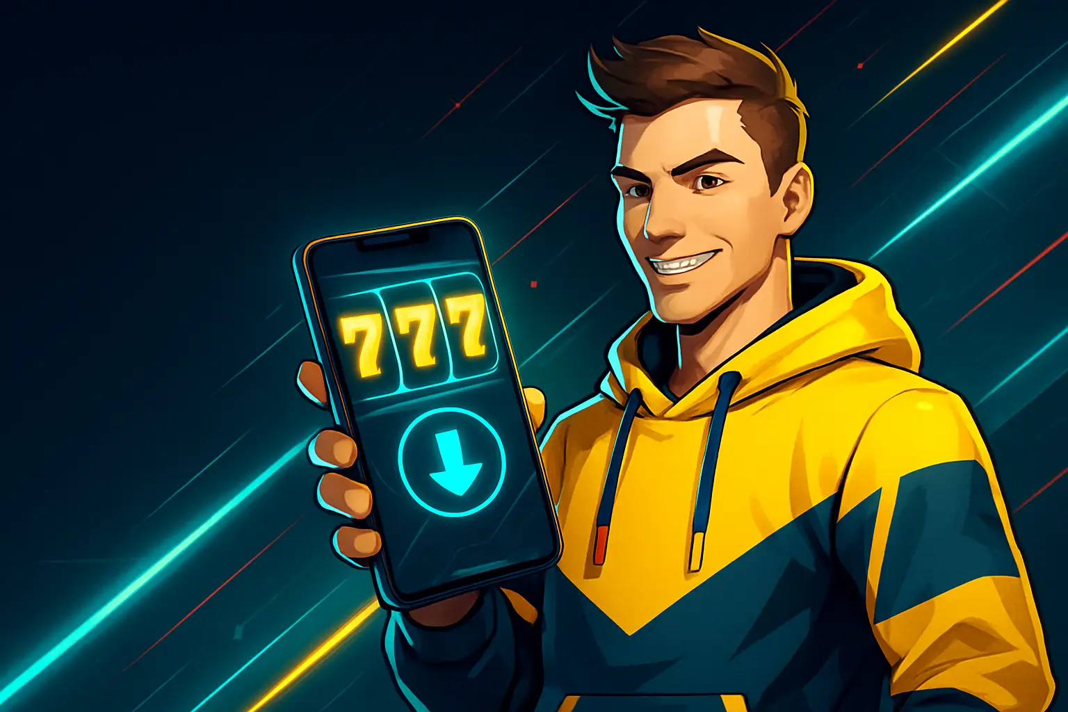 PlayBaze Casino App Schweiz – Spieler im gelben Hoodie zeigt Smartphone mit Slot-Walzen