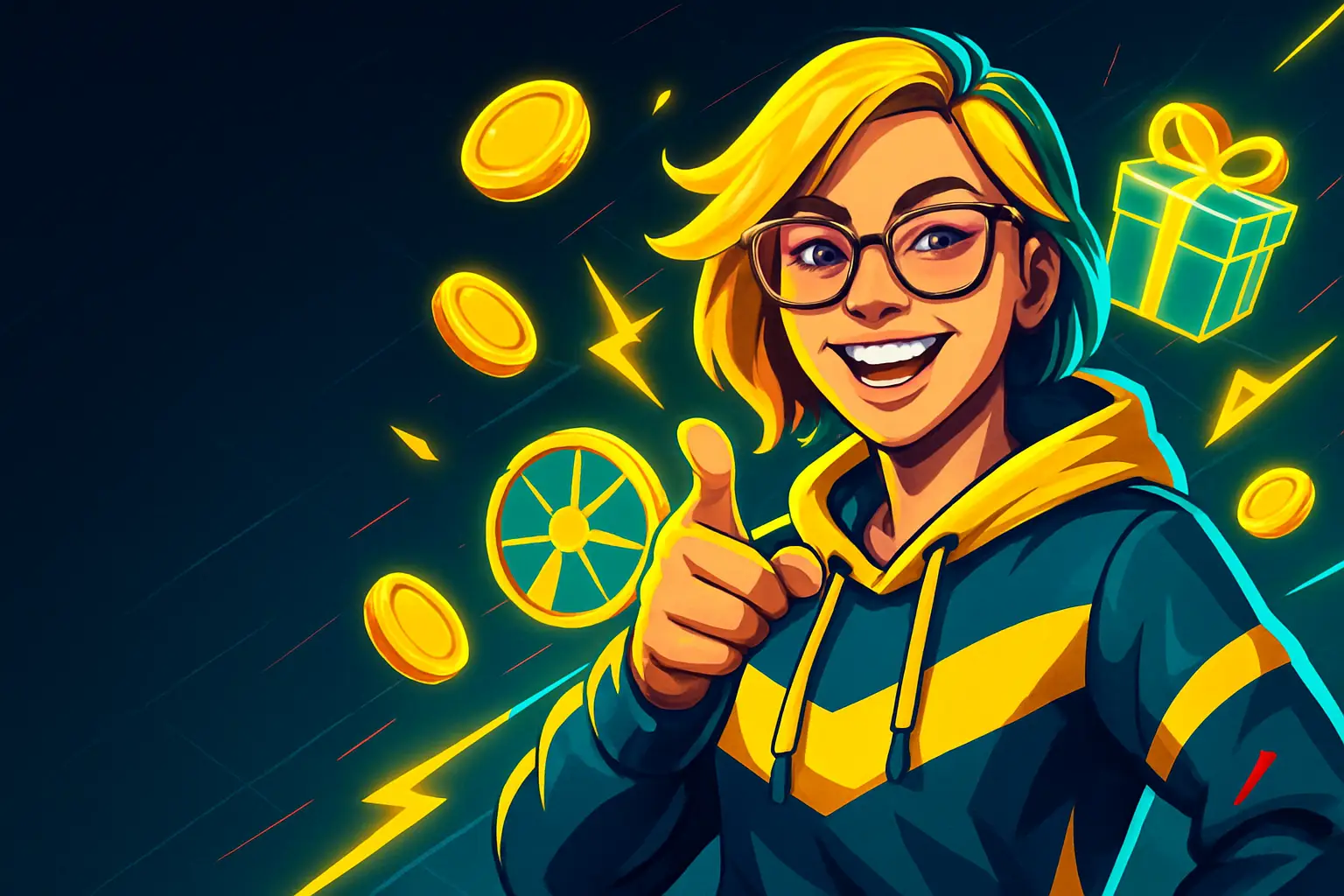 PlayBaze Casino Bonus Schweiz – Spielerin zeigt auf Goldmünzen und Freispiel-Räder