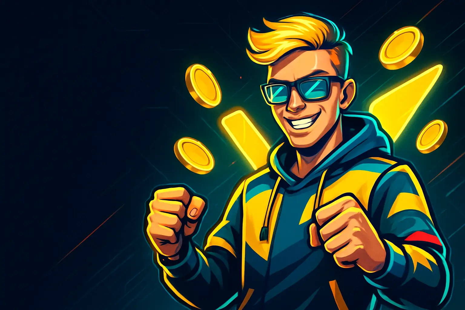 PlayBaze Casino Schweiz – Gamer mit goldenen CHF-Münzen und leuchtender V-Marke