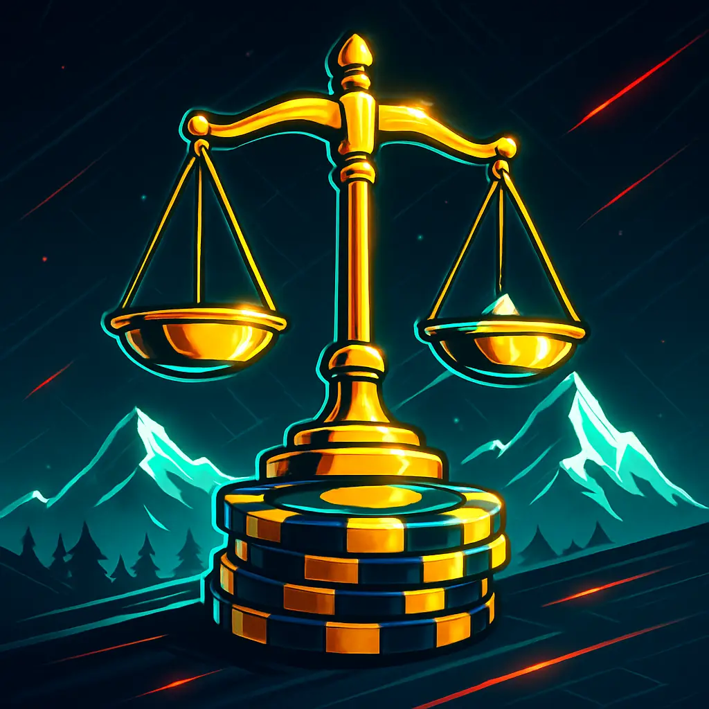 Rechtslage Online-Casino Schweiz – goldene Waage auf Casino-Chips vor Alpen-Silhouette