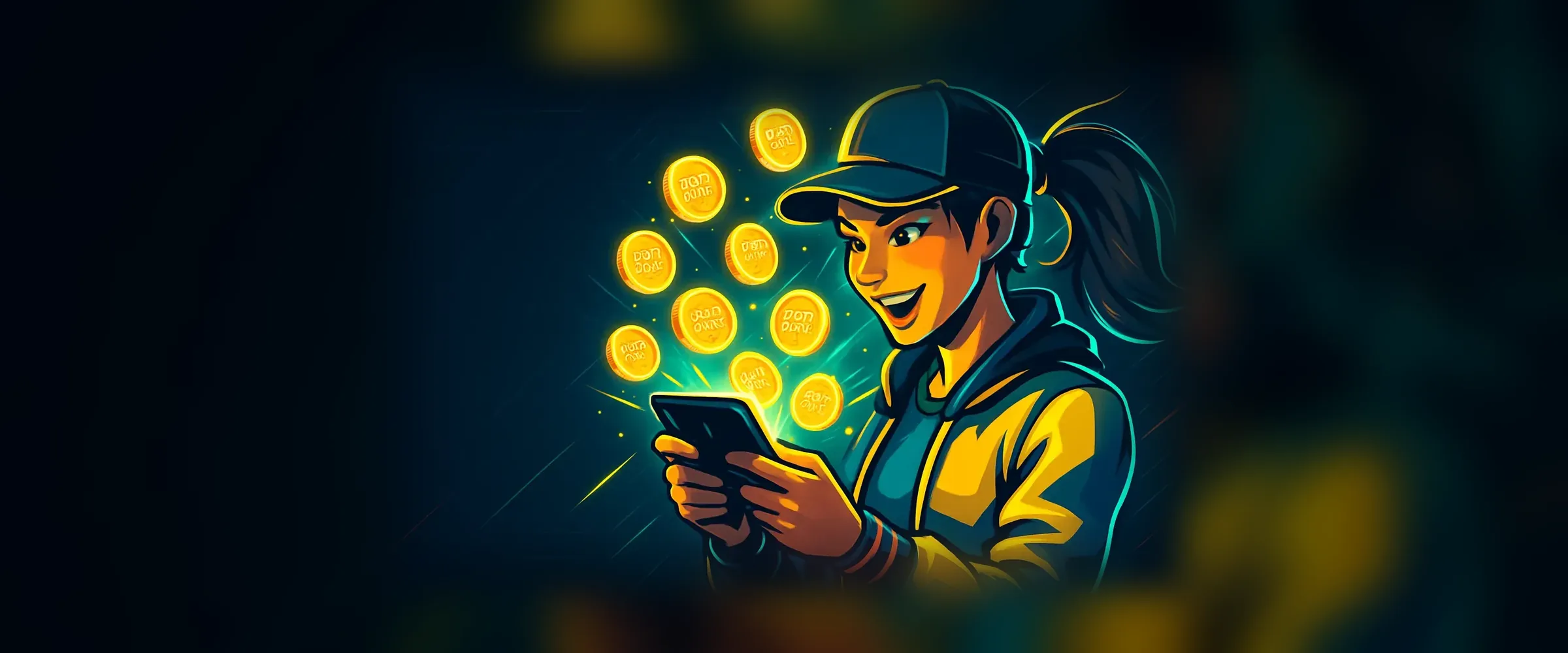 PlayBaze mobiler Bonus – Spielerin mit Cap und kreisenden Freispiel-Token