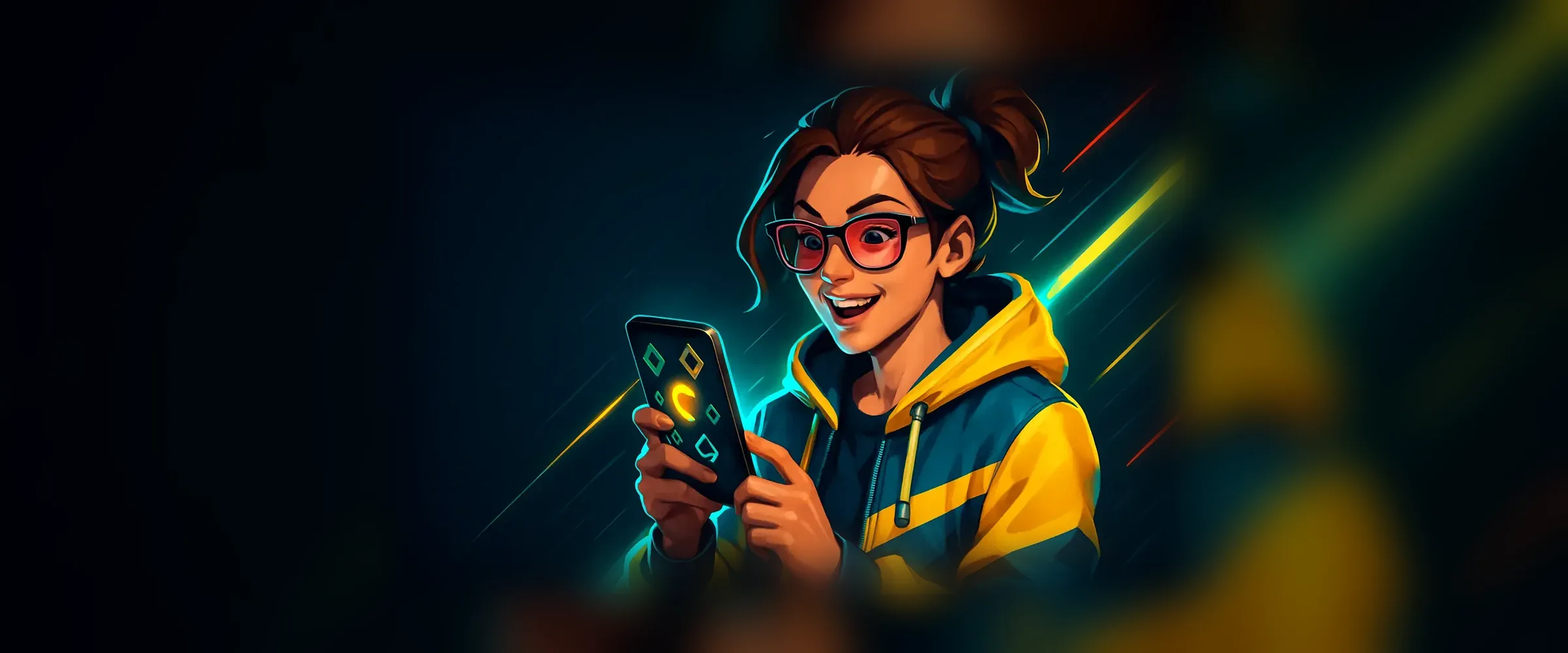 PlayBaze mobiles Casino – Spielerin mit Smartphone und Neon-Lobby