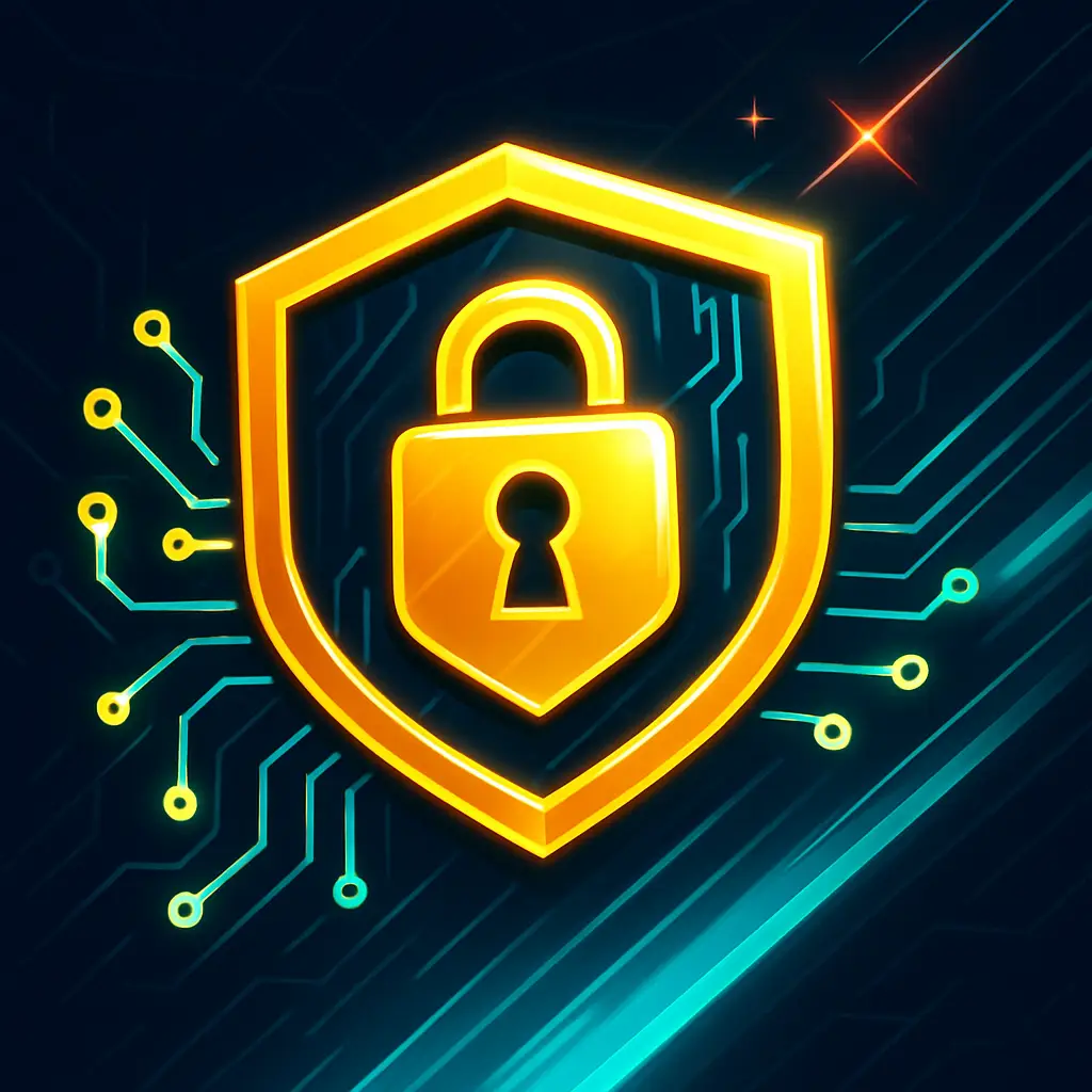 PlayBaze Sicherheit – goldener Schild mit Schloss und SSL-Datenströmen