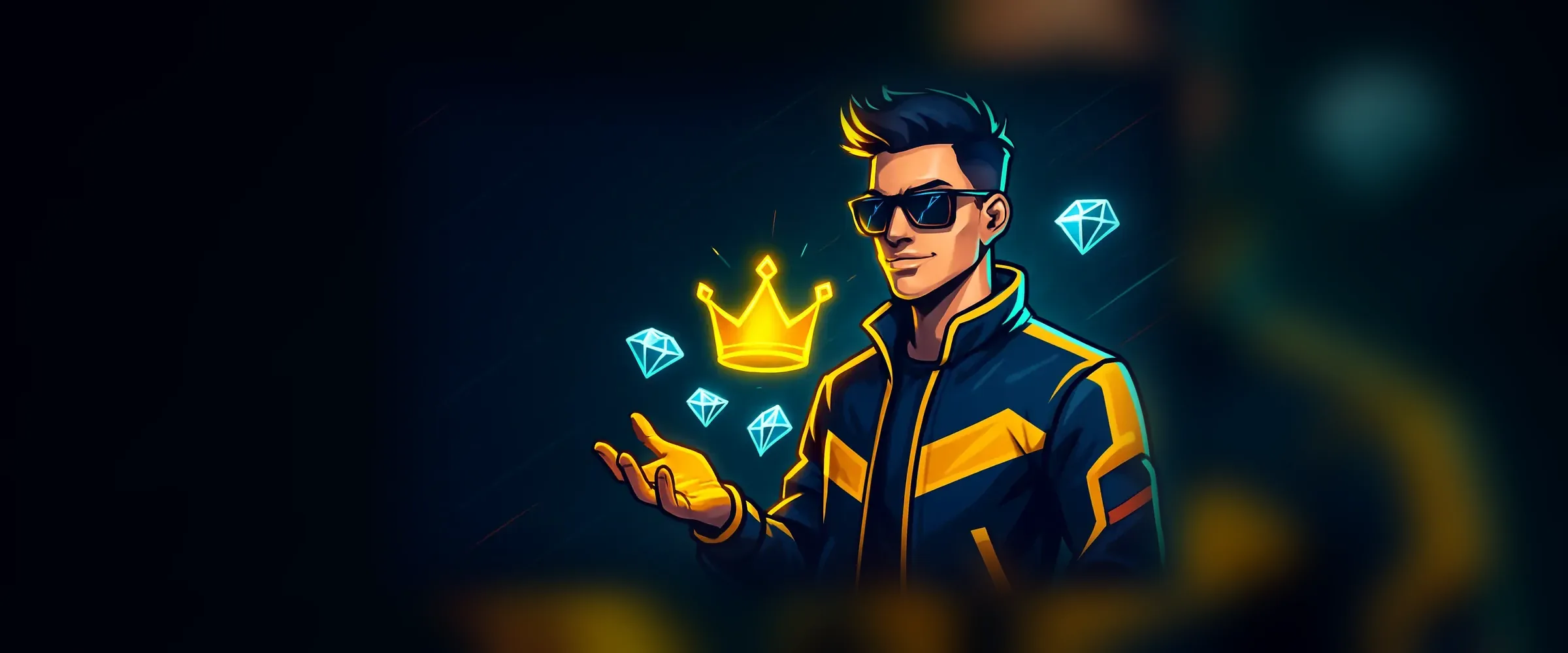 PlayBaze VIP-Club – Spieler mit Sonnenbrille, Diamanten und goldener Krone