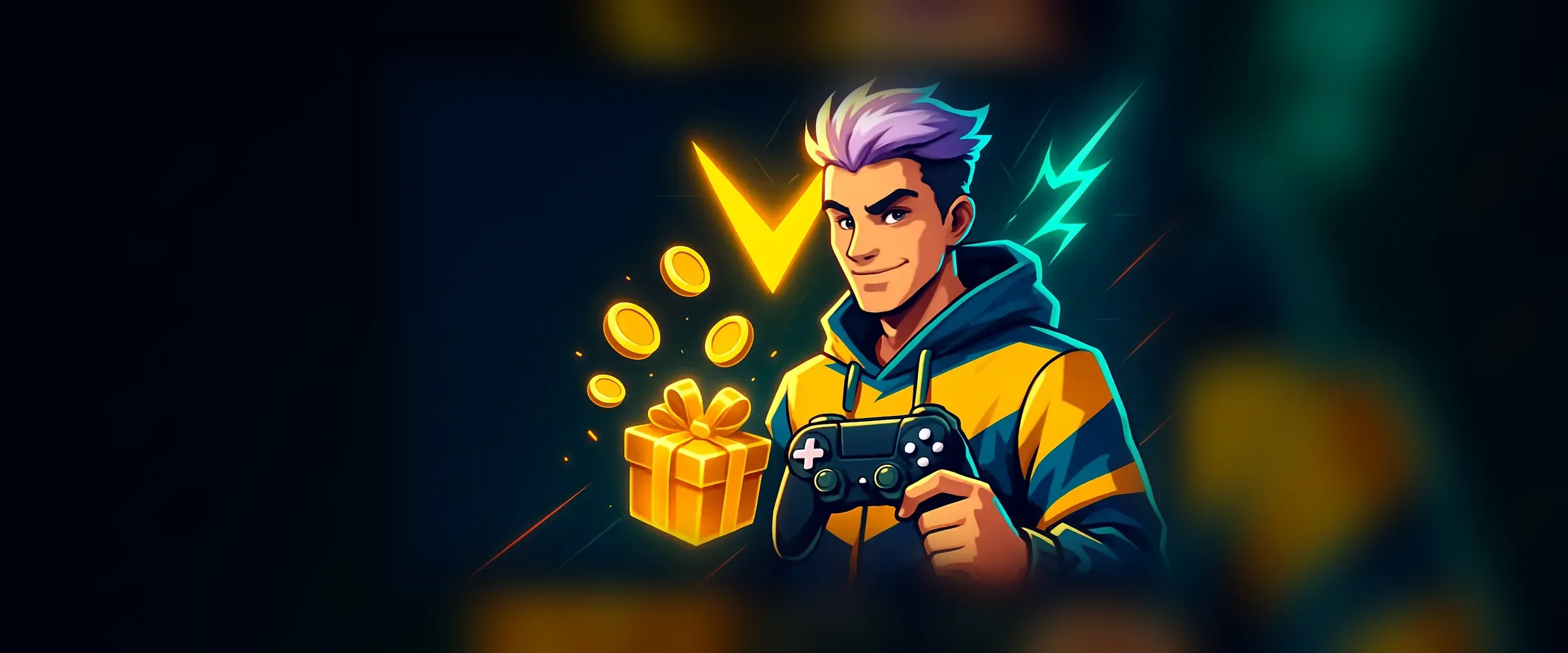 PlayBaze Willkommensbonus Schweiz – Gamer mit Controller, Goldmünzen und Geschenkbox