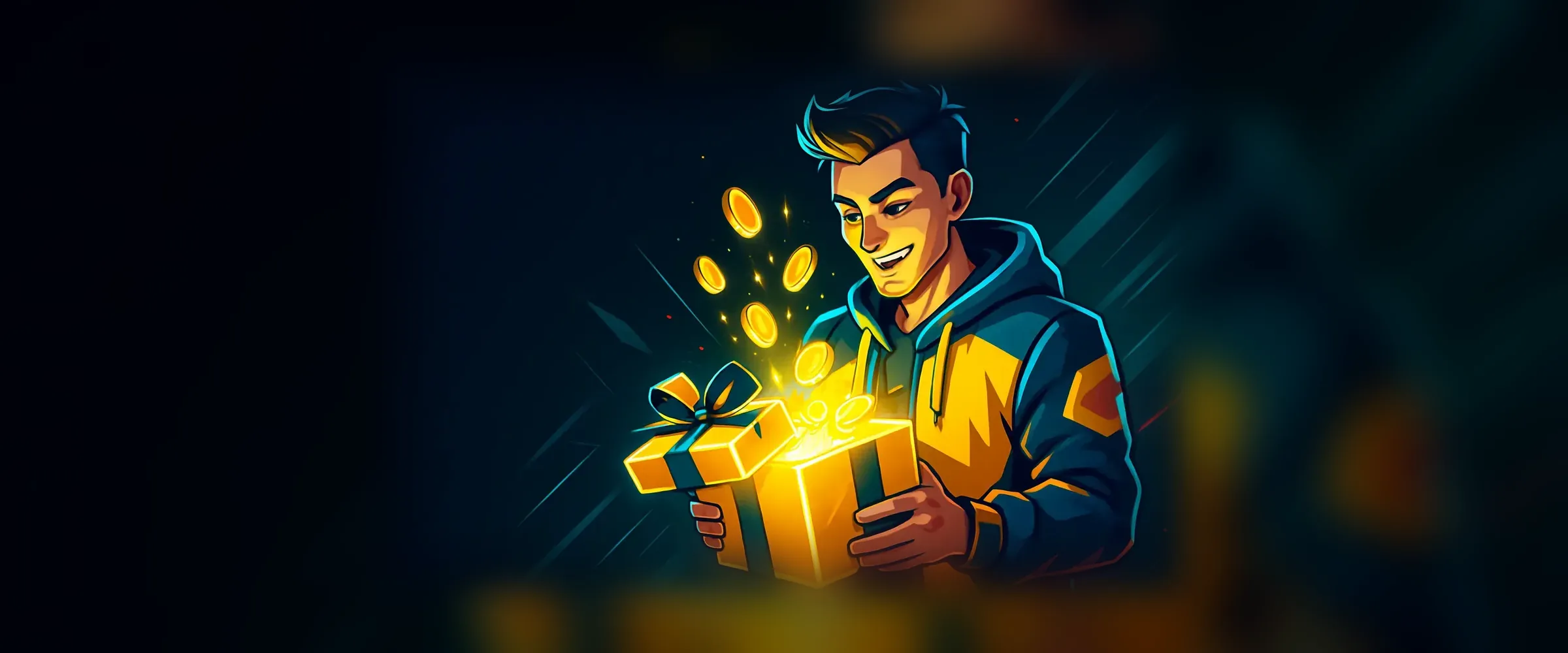 PlayBaze Willkommenspaket – Spieler öffnet leuchtende goldene Geschenkbox
