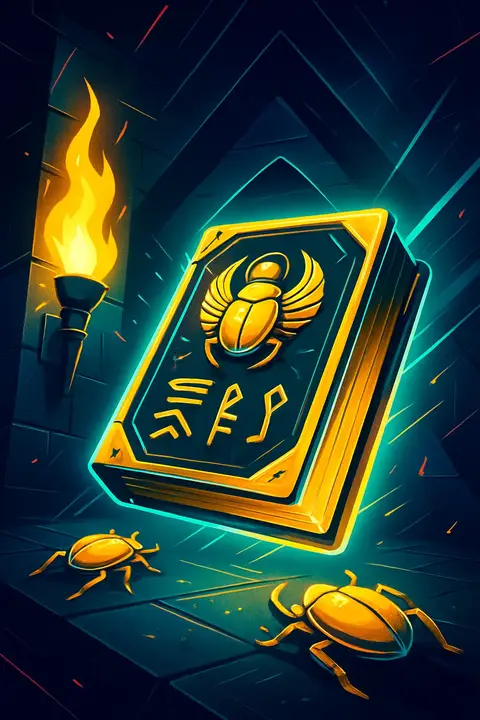 Slot-Artwork im Stil von Book of Dead – leuchtendes Buch in der Pyramide