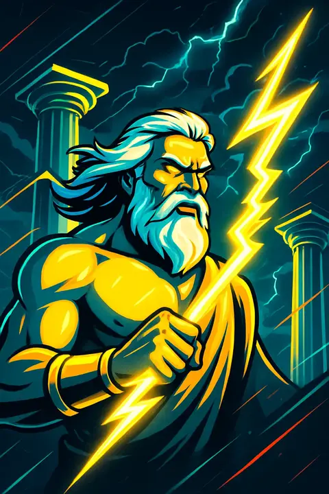 Slot-Artwork im Stil von Gates of Olympus – Donnergott mit goldenen Blitzen